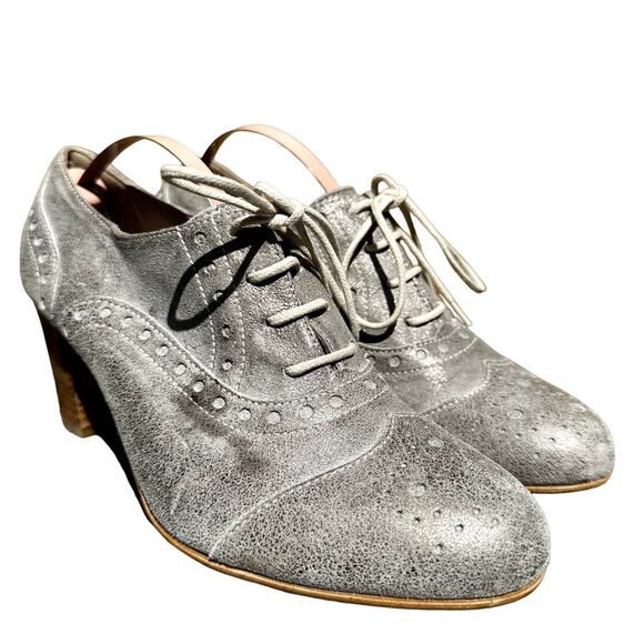 Sundance Lucette Leather Wingtip Oxford Bootie Metallic Lace Up Silver 37 6.5 - Picture 1 of 6